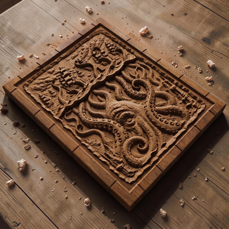 Kraken Atack on the Ships from Ancient Greek Mythology Wooden Carving Bas Relief
