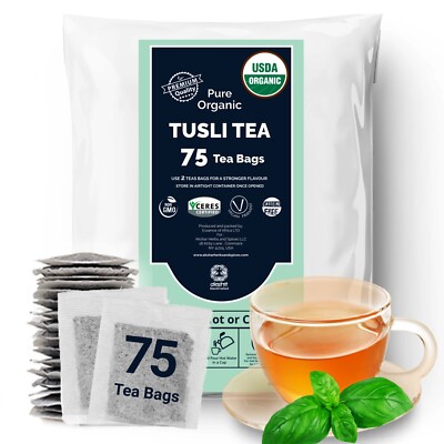 Organic Holy Basil Tea, 100% Pure Tulsi Tea, Herbal Tea, 75 Tea Bags