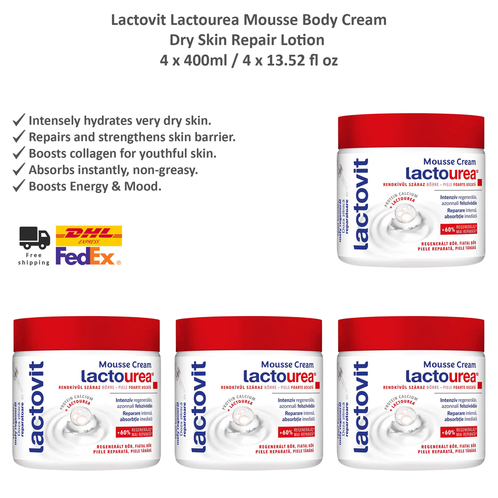 Lactovit Lactourea Mousse Body Cream, Dry Skin Repair Lotion 4 x 400ml
