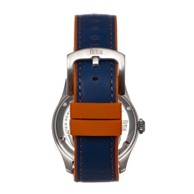 Pre-owned Reign Elijah Automatic Rubber Inlaid Leather-band Watch W/date - Blue/orange