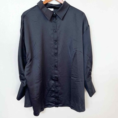 NEW Topshop ASOS Curve Satin Oversized Shirt Button Top Black Women SIZE 16