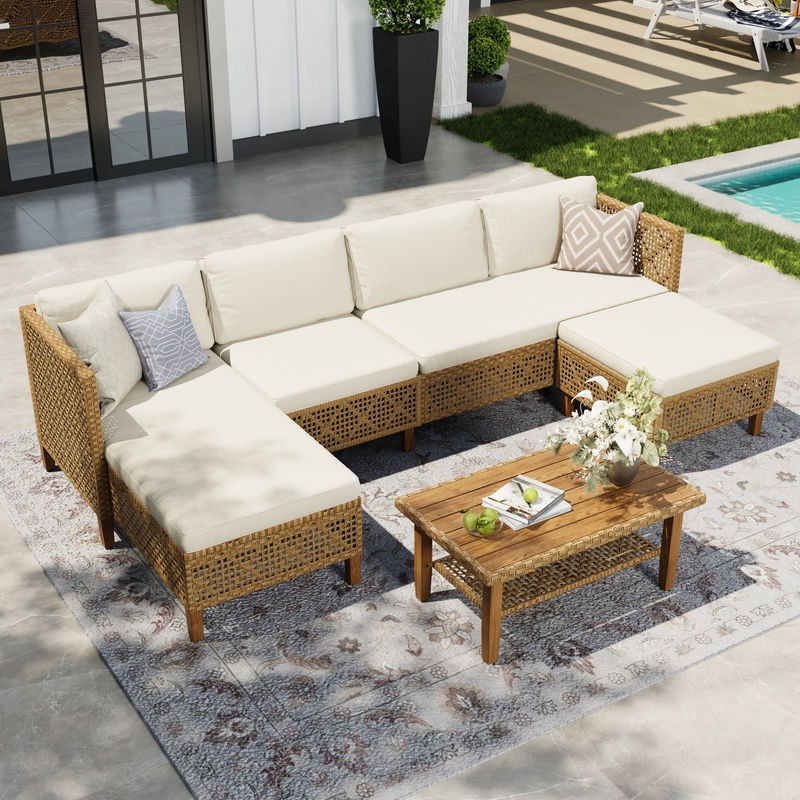 5-Pc Wicker Patio Furniture Set Boho Outdoor Sofa with Wood Co...