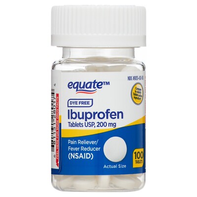 Equate Dye-Free Ibuprofen Pain&Fever Reducer Tablets, 200 mg, 100 Count