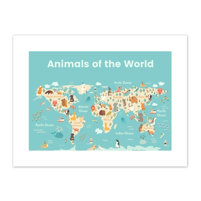 Animals Of The World Map  Print Canvas Premium Wall Decor Poster