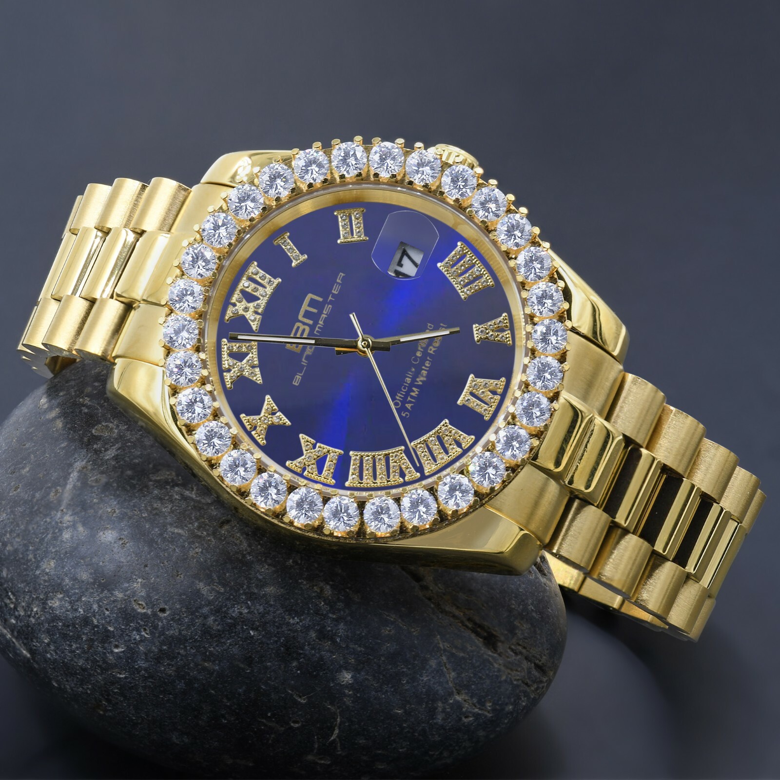 Pre-owned Bling Master Blue Dial Solid Steel Men's 18k Gold Tone Diamonds President Watch W/date 42 Mm