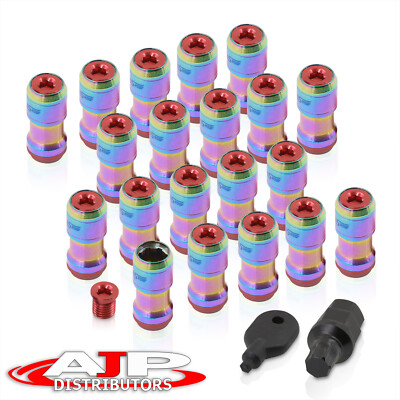 (20 Pieces) M12 1.5 JDM Performance Wheels Rims Lug Nuts Neo Chrome Red + Caps