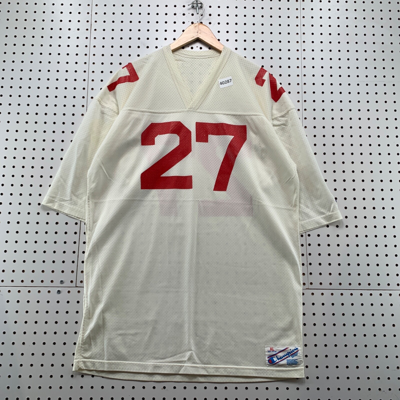 VTG 80s Champion Football Jersey Mens XL White Red #27 Mesh
