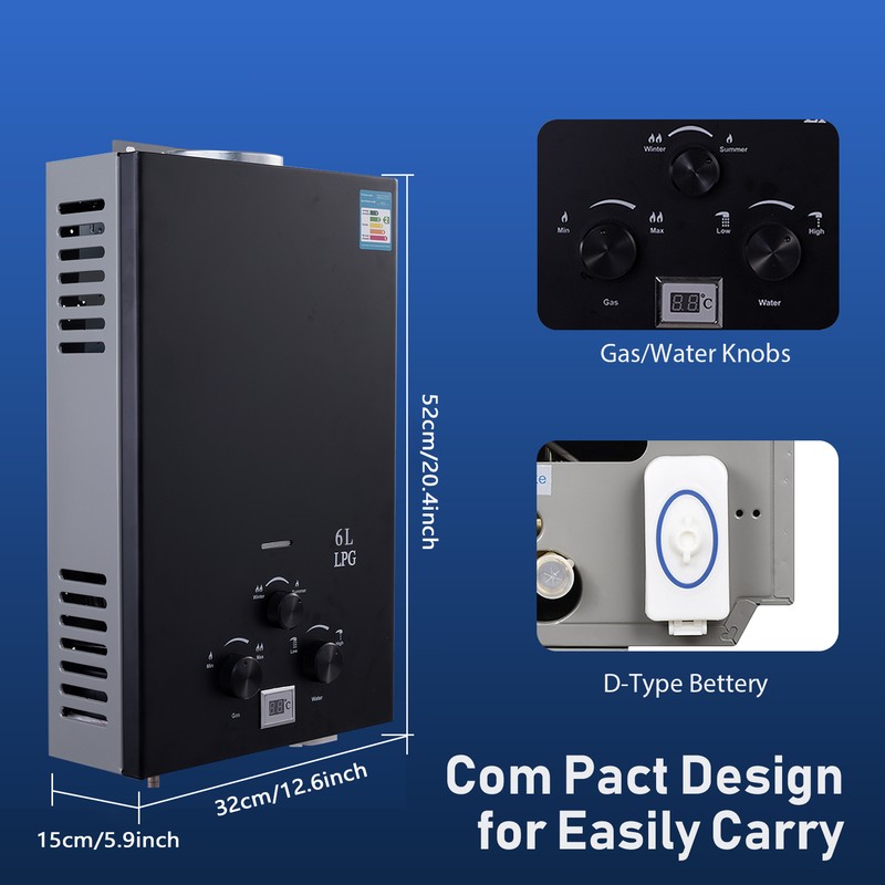 6L - 18L Propane Gas Hot Water Heater 5GPM On-Demand Tankless Instant Boiler