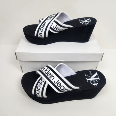 Calvin Klein Jeans Resort Wedge Sandals White Black Size 10 M