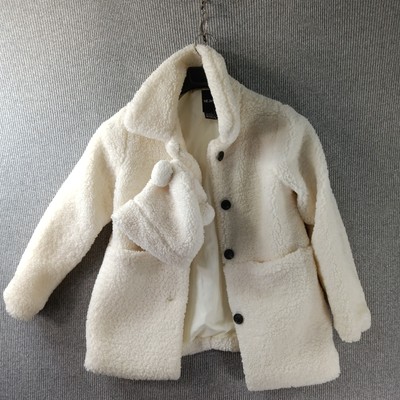 Me Jane Jacket Womens 12 Ivory Shaggy Faux Fur Teddy Bear Hat Included Button Up
