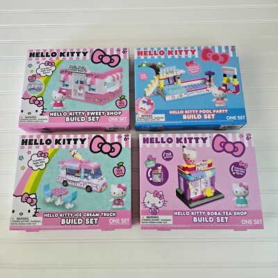 4  Hello Kitty Build Sets Boba Tea Shop, Pool Party, Ice Cream Truck, Sweet Shop
