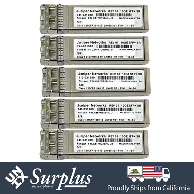 LOT of 5 Juniper Finisar Original 10GB SFP+ SR Optic Transceiver 740-031980