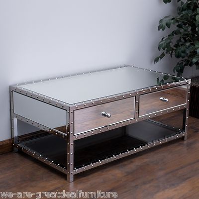 Living Room Furniture Mirrored Glass Coffee Table w 2 Drawers