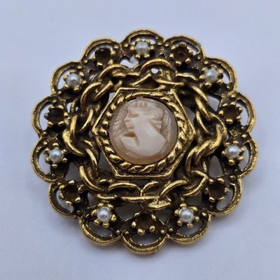 Goldette Cameo Brooch Women Gold Vintage Faux Pearl Filigree Victorian Style