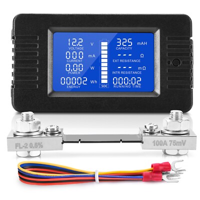 LCD Display DC Battery Monitor Meter 0-200V Volt Amp For Car RV Solar 100A Shunt