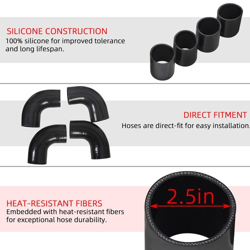 12Pc Universal 2.5" Intercooler Piping Kit +T-Bolt Clamps + Blk Silicone Coupler