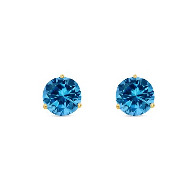 Pre-owned Shine Brite With A Diamond 3 Ct Round Cut Blue Earrings Studs Solid Real 14k Yellow Gold Push Back Martini