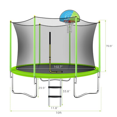 10FT Trampoline for Kids with Safety Enclosure Net, Basketball Hoop and Ladder