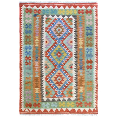 4'1''x5'9'' Colorful Hand Woven Geometric Afghan Kilim Wool Flat Weave Rug R81363