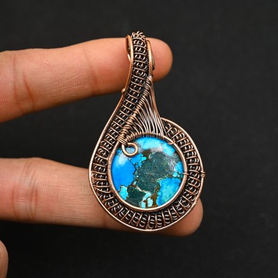 Turquoise Copper Wire Wrapped Handmade Pendant Necklace Jewelry Gift For Love