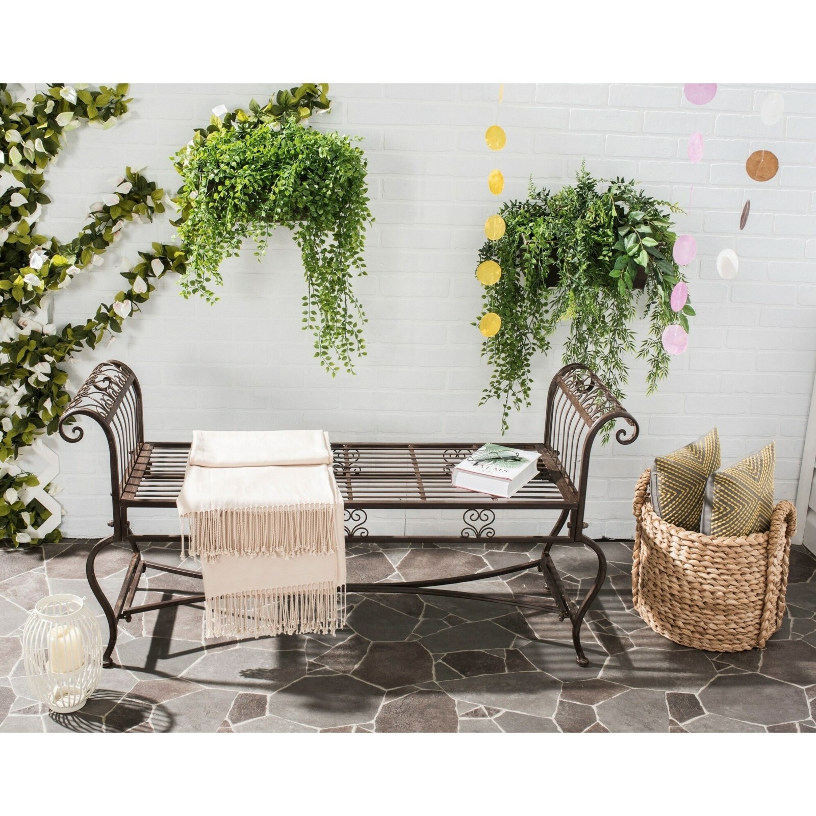 Outdoor Patio Rustic Antique Brown Wrought Iron Bench ...