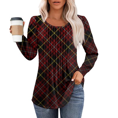 Womens Long Sleeve Tops Basic Comfy Printing Loose Round Neck Shirt Clothes