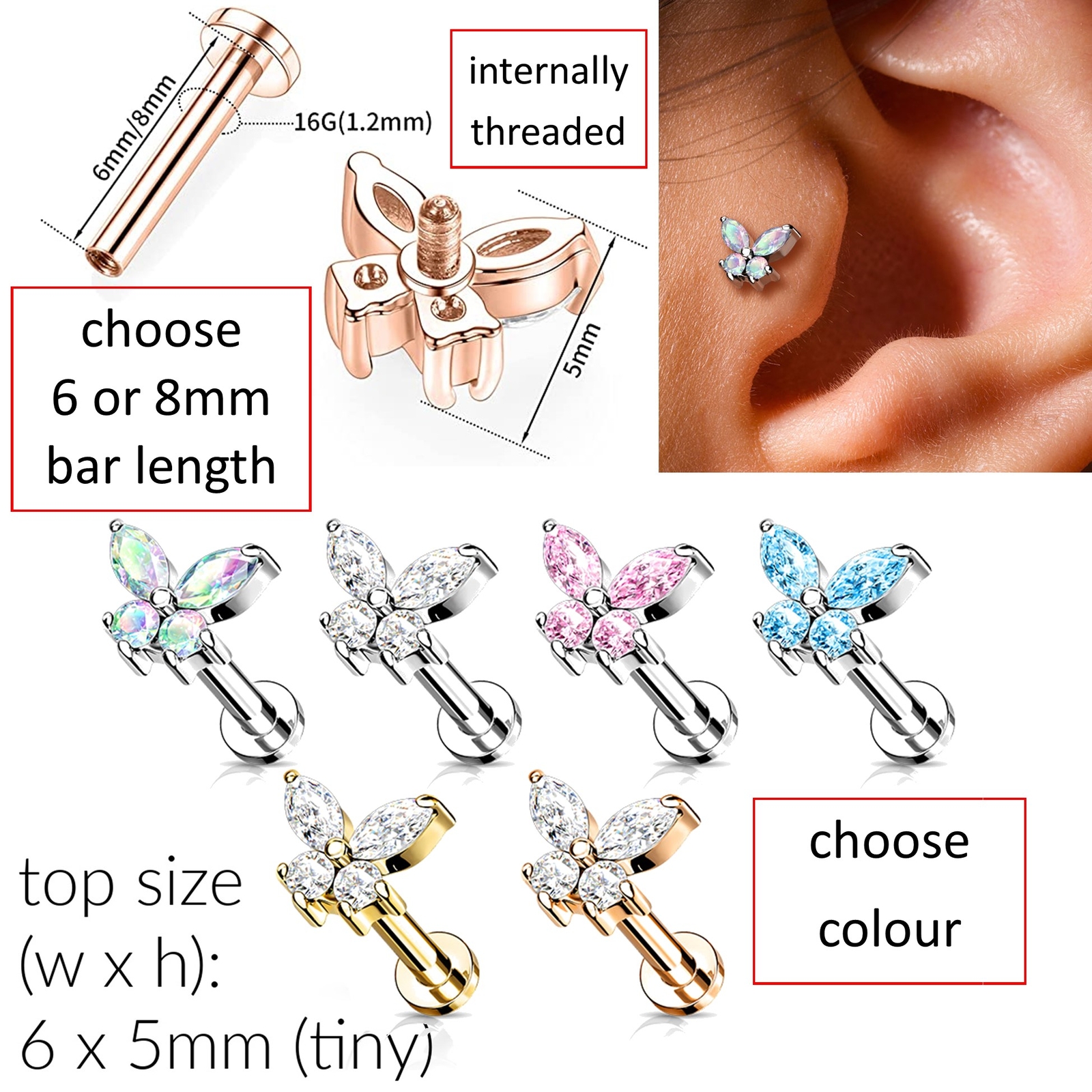 Butterfly Labret | Internally threaded 6 or 8mm Bar | Cartilage Tragus Helix