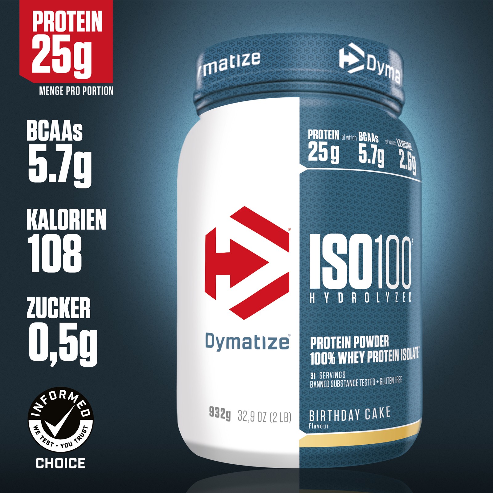 DYMATIZE Whey Protein Pulver Shake Hydrolysat Eiweiß ISO 100 Birthday Cake 932 g - Bild 2 von 7