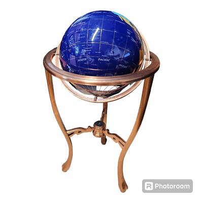 Unique Art 1996 37'' Tall Bahama Blue Pearl Copper Standing GemStone World Globe 