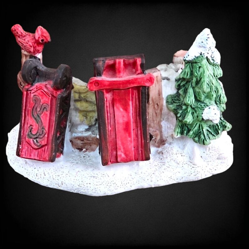 Vintage Christmas Village House Stone Wall Sleds Red Robbin Pine Tree Accessory