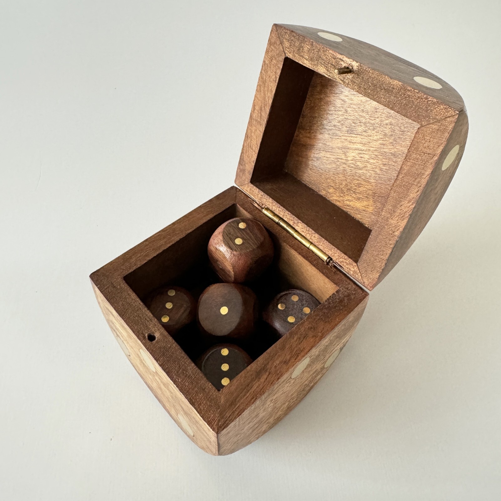 Handcrafted Wooden Dice Set with Storage Box - Solid Wood with Brass Inlay