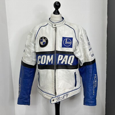 Vintage BMW Compaq Motorcycle Jacket White Blue Racing Leather 48 - SEE DETAILS