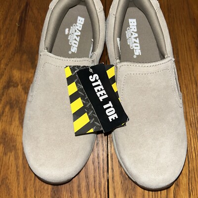 Brazos Womens size 8.5 B seude tan brown slip on steel toe work shoes NWT NEW
