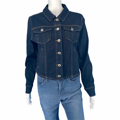 Du Jour Denim Jacket Small Sz 8 Indigo Blue Button Front Collared Top w Pockets