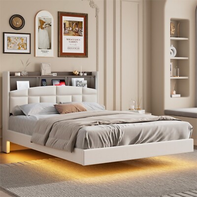Queen Floating Upholstered Bed Frame with LED,Charging Station,Storage Headboard
