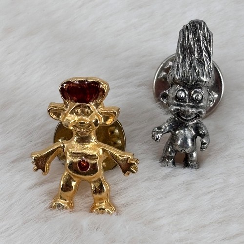 Vtg Trolls Troll Doll Pin Lot of 2 in Silver & Gold Tone