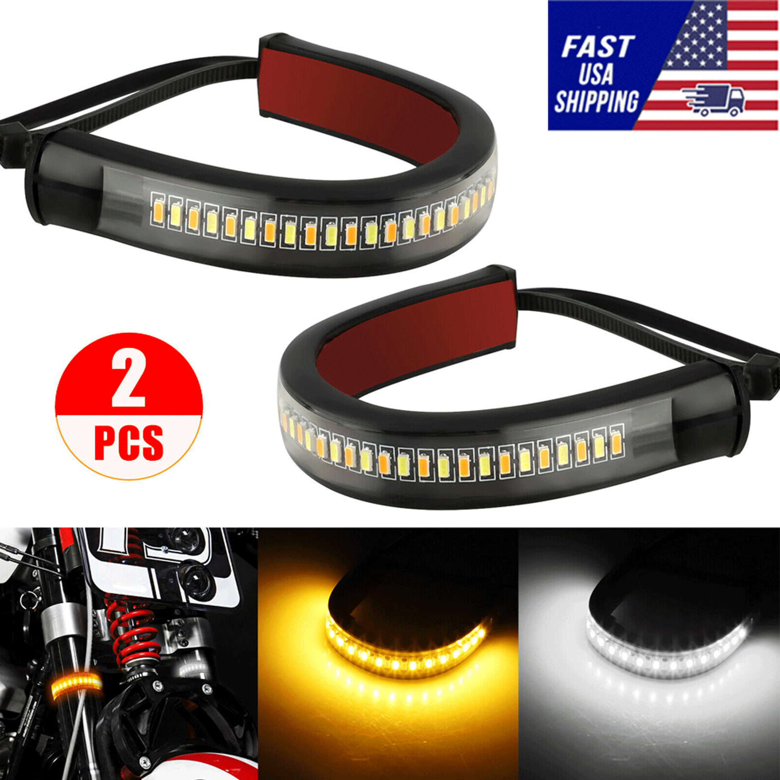 2 LED Motorcycle Turn Signals Light FORK Strip Flowing Amber
