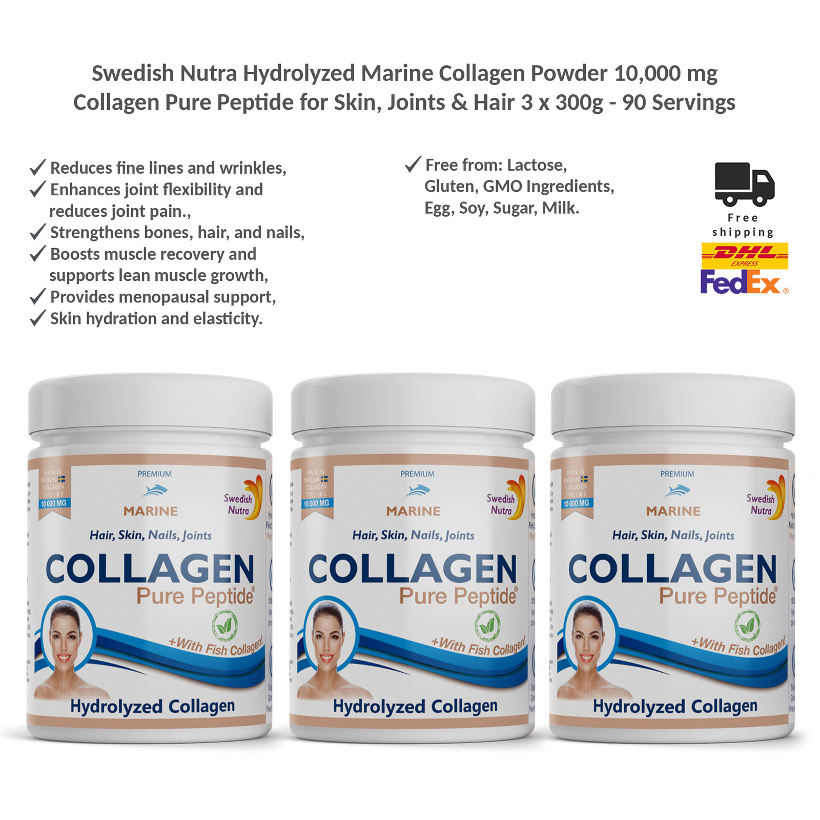 Swedish Nutra Hydrolyzed Marine Collagen Powder 10,000 mg for Skin, Joints x3