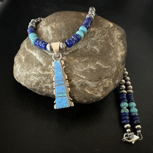 Pre-owned Handmade Mens Blue Turquoise Lapis Opal Pendant Navajo Sterling Silver Necklace 20" 17896