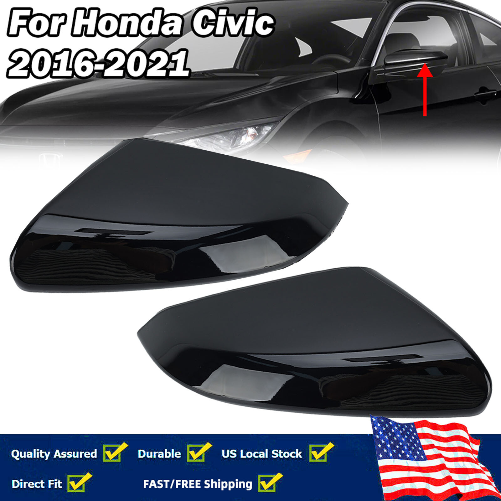 Пара боковых зеркал заднего вида, Черная глянцевая крышка для Honda 10th Civic 2016 ~ 2021