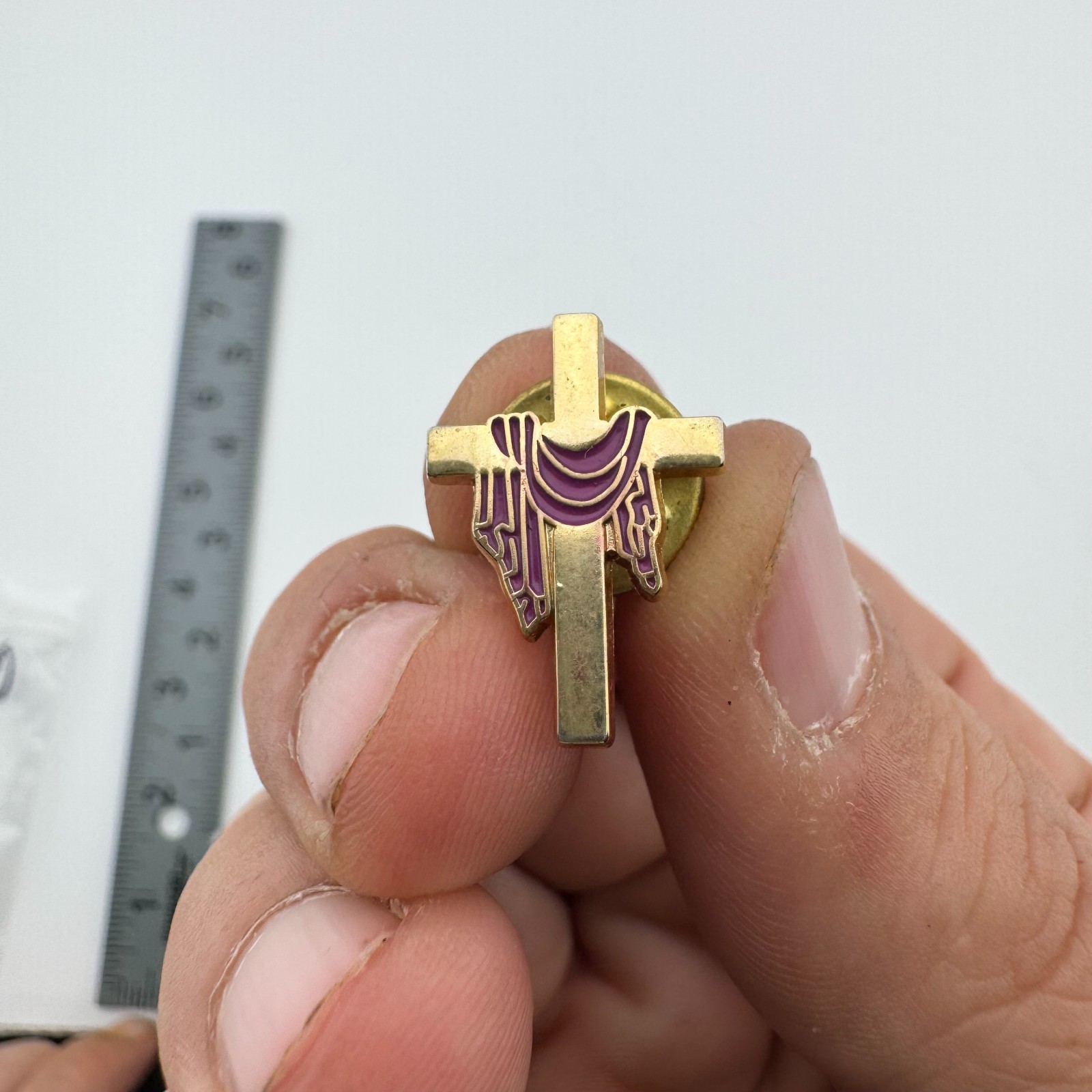 Vintage Purple Draped Cross Lapel Pin Tie Tack Gold Tone Christian