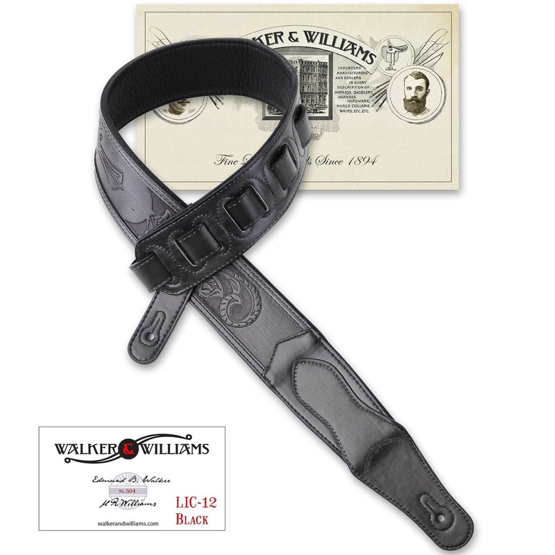 Walker & Williams LIC-12 Black Padded Guitar Strap with Christian Tooling A Walker \u0026 Williams Lic-12 Black Silched Guitar Strap Con Herr