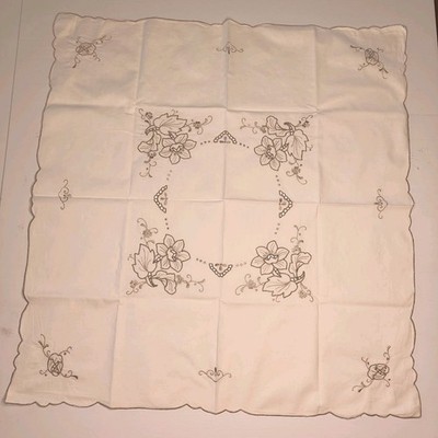 Vintage embroidered tablecloth Floral White Cut Out 76cm Square Scollop Edge Sma