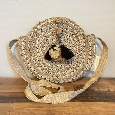 America & Beyond Bag Bohemian Straw Rattan Circle Black Crossbody Jute