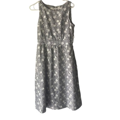 Calvin Klein Women's Size 4 Grey White Striped Floral 3D Embroidered Midi Dress