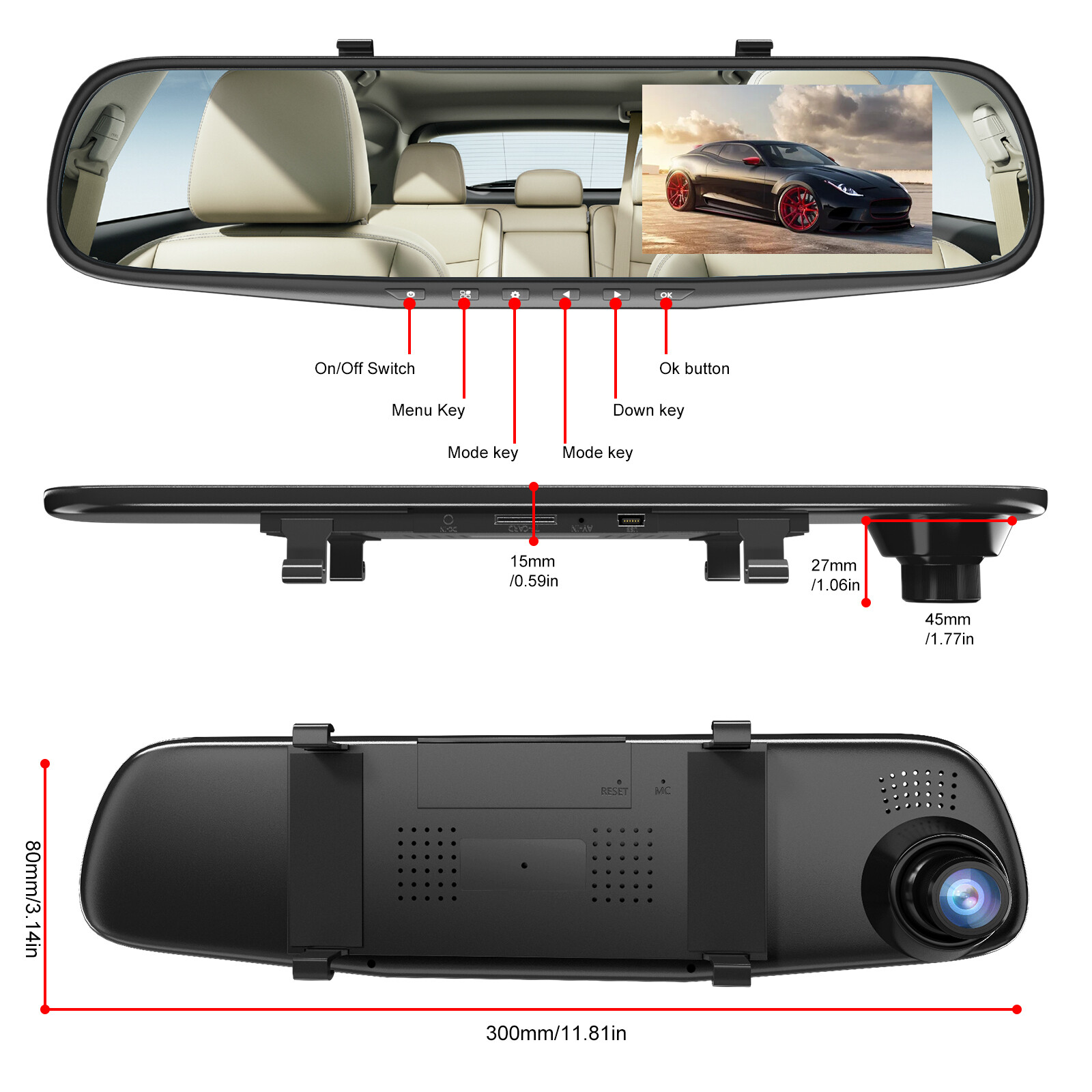 Dual Lens 1080P Full HD Car Auto DVR Mirror Dash Cam Recorder+Rear View Camera