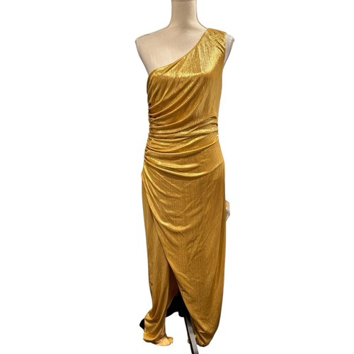 Bcbgmaxazria Gown Womens L Metallic Gold One Shoulder Maxi