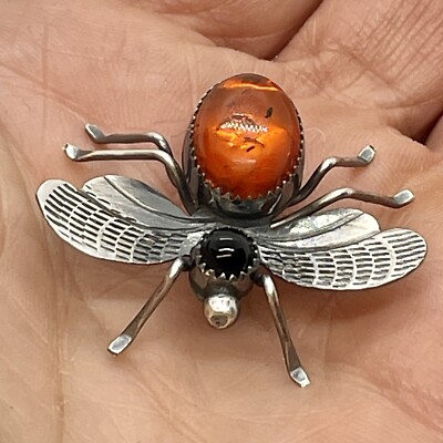 Navajo Onyx Amber Bumble Bee Bug Pin by Juan Begay Jr Sterling Silver Patined