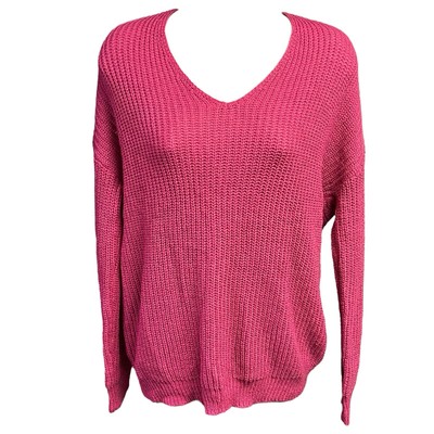 Miami Sweater Francesca's Magenta Pink Pullover Knot Back NEW Size M V-Neckline