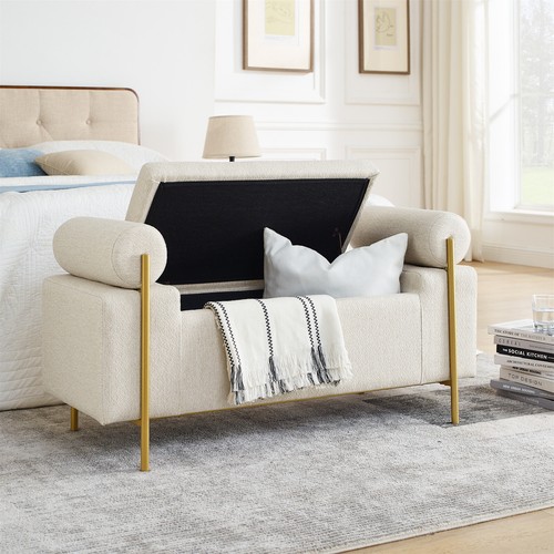 Storage Bench Storage Ottoman with Upholstered and Cylindrical Arms for Bedroom